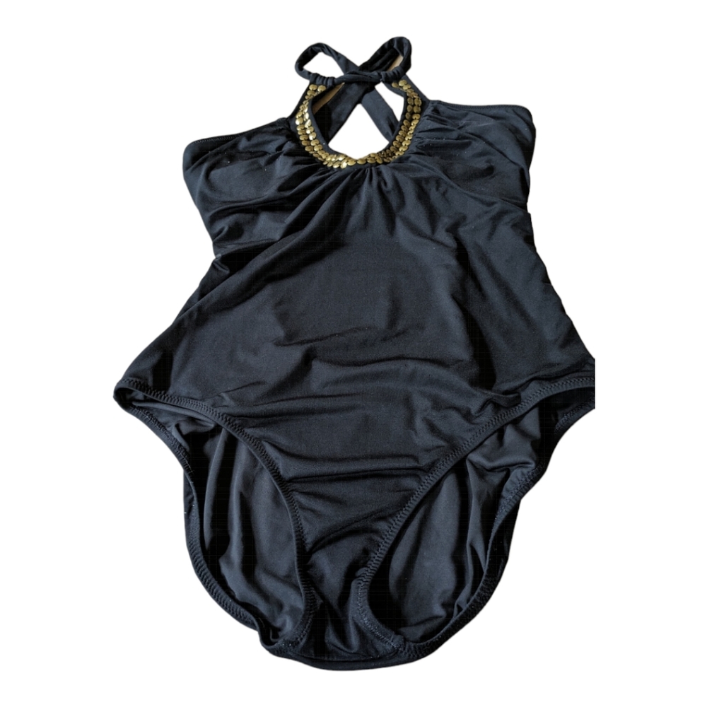 Trina Turk Black One Piece Gold Sequin Crisscross Back Swimsuit Size 12 Guc